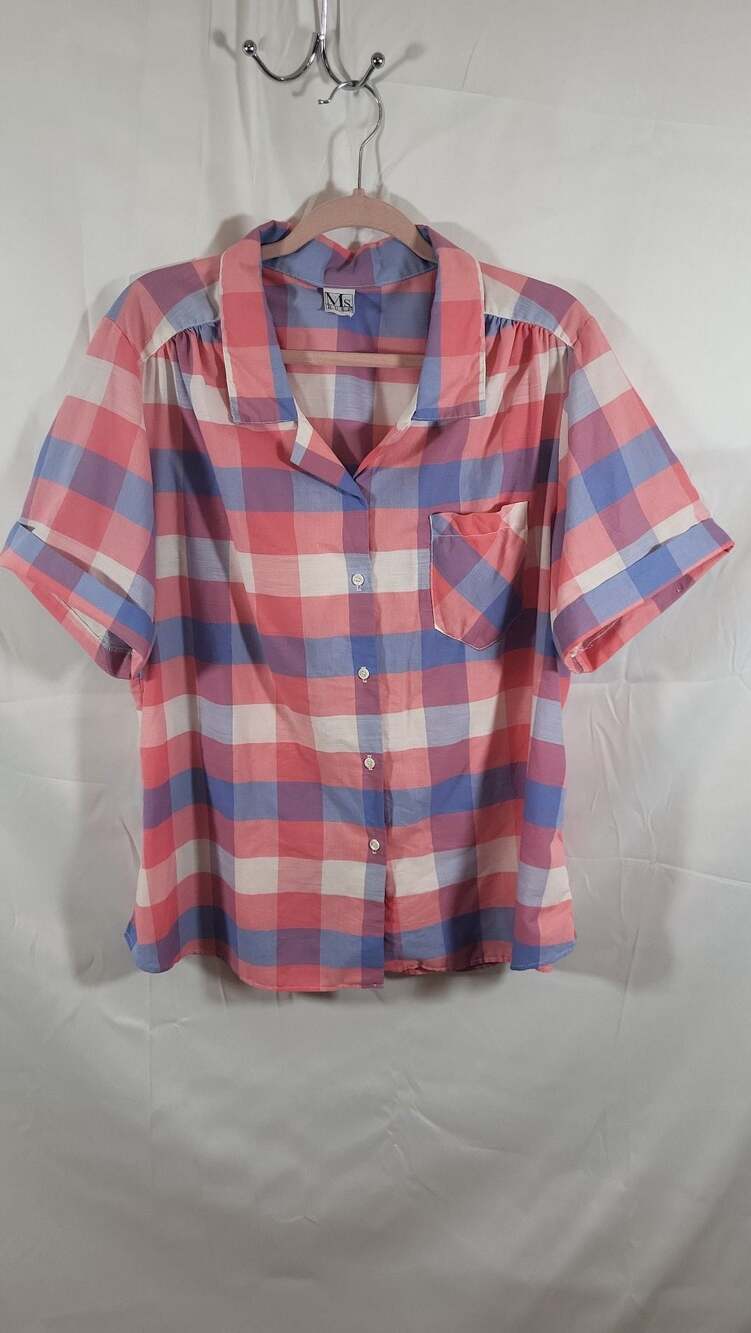 Vintage Ms. Russ Pink and Blue Gingham Plaid Short Sleeve Button-Up Blouse, size